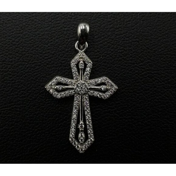 Sterling Silver Cross Pendant Openwork Design Clear Crystal Accents Religious 1" - Picture 1 of 5